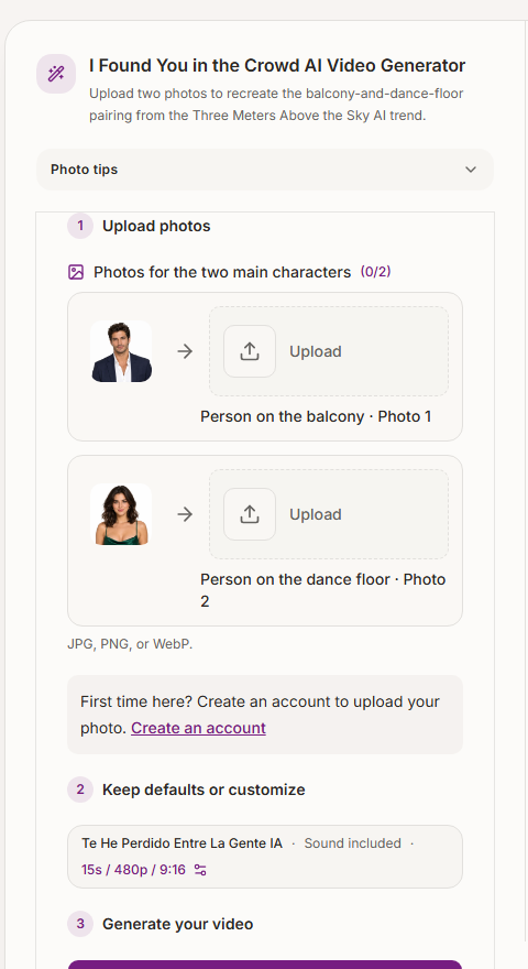 Screenshot of the video generator showing separate upload slots for the balcony person and the person on the dance floor